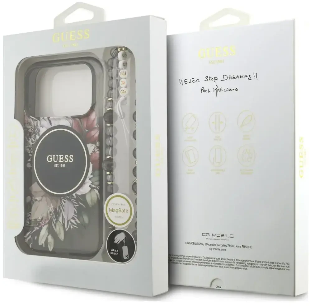Dėklas Guess IML Flowers Pearl Strap MagSafe do iPhone 18 Pro / 17 Pro juoda