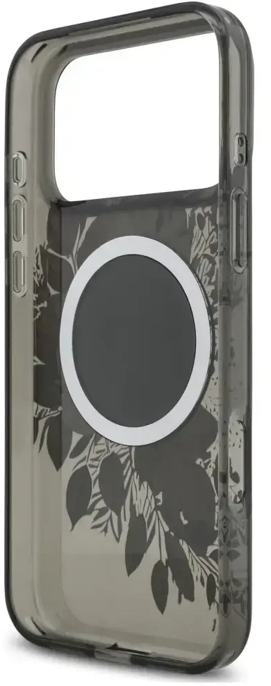 Dėklas Guess IML Flowers Pearl Strap MagSafe, skirtas iPhone 18 Pro Max / 17 Pro Max, juodas