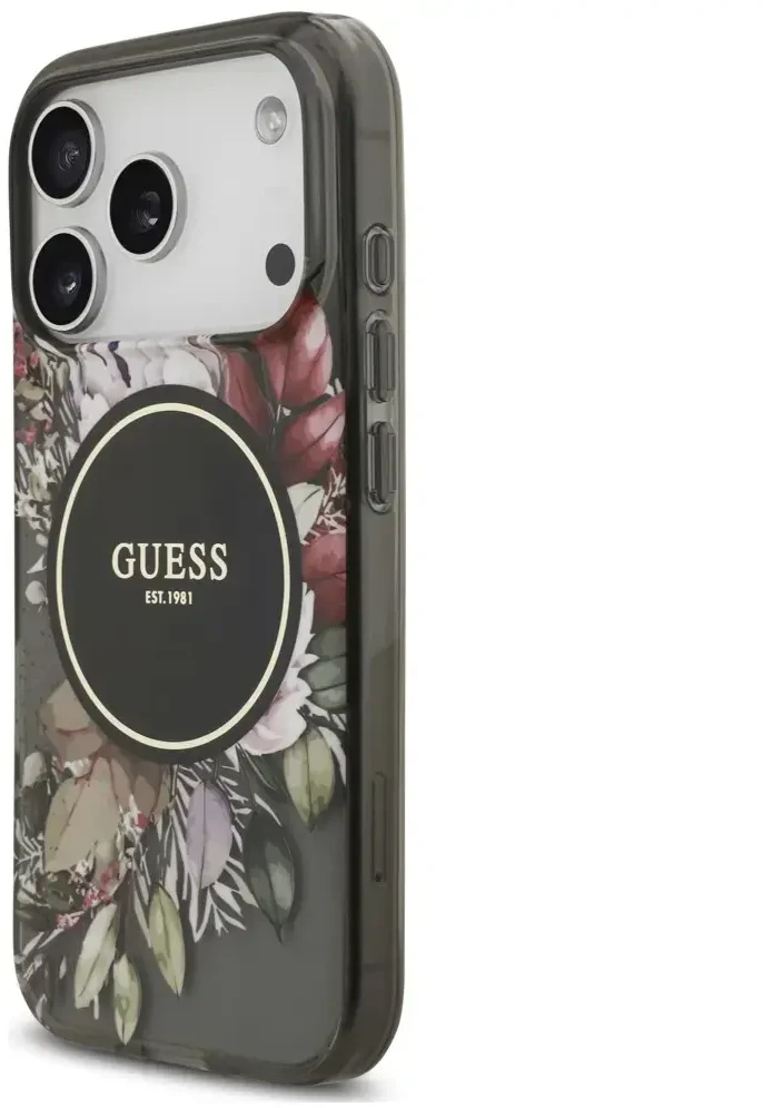 Dėklas Guess IML Flowers Pearl Strap MagSafe do iPhone 18 Pro / 17 Pro juoda