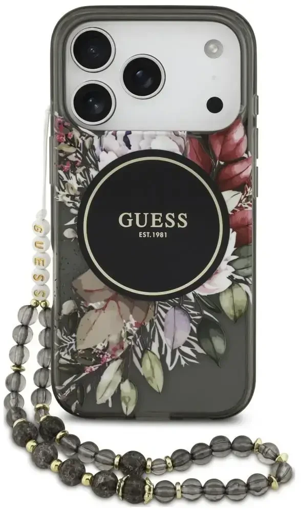 Dėklas Guess IML Flowers Pearl Strap MagSafe do iPhone 18 Pro / 17 Pro juoda