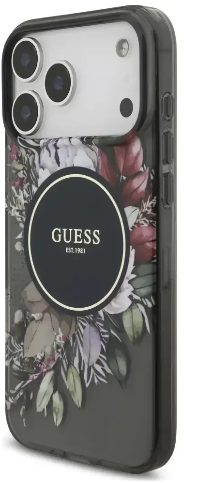 Dėklas Guess IML Flowers Pearl Strap MagSafe, skirtas iPhone 18 Pro Max / 17 Pro Max, juodas