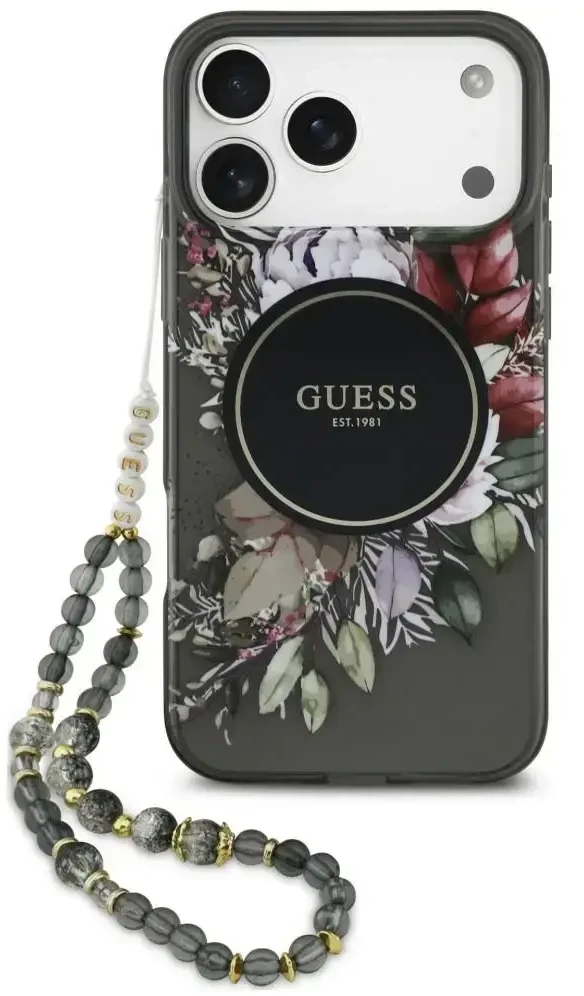 Dėklas Guess IML Flowers Pearl Strap MagSafe, skirtas iPhone 18 Pro Max / 17 Pro Max, juodas