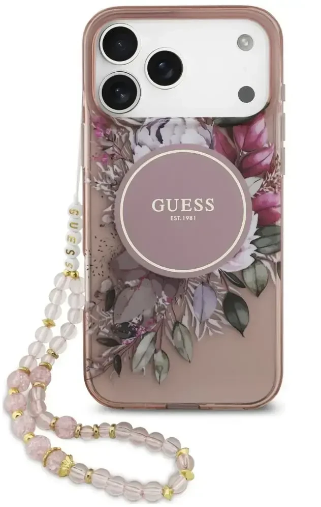 Dėklas Guess IML Flowers Pearl Strap MagSafe do iPhone 18 Pro / 17 Pro rožinė
