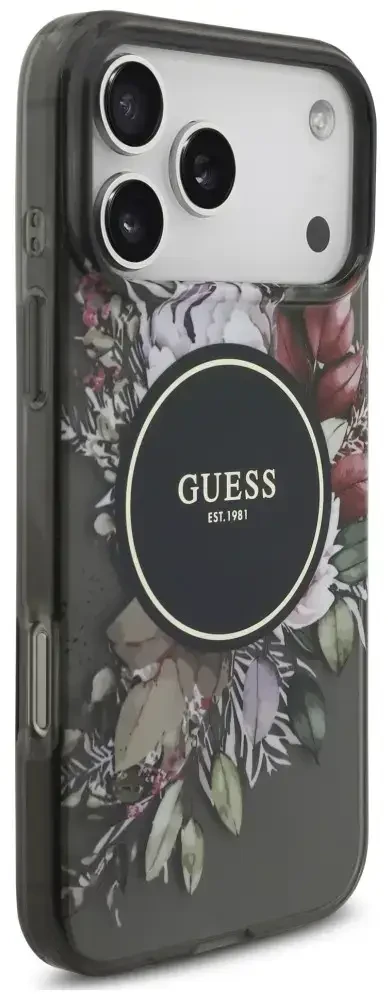 Dėklas Guess IML Flowers Pearl Strap MagSafe, skirtas iPhone 18 Pro Max / 17 Pro Max, juodas