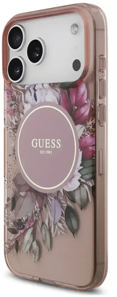 Dėklas Guess IML Flowers Pearl Strap MagSafe do iPhone 18 Pro / 17 Pro rožinė