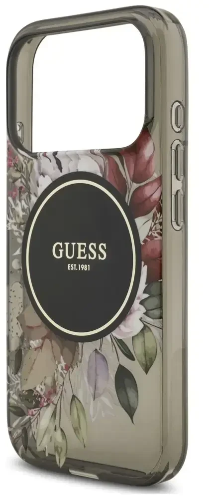 Dėklas Guess IML Flowers Pearl Strap MagSafe do iPhone 18 Pro / 17 Pro juoda