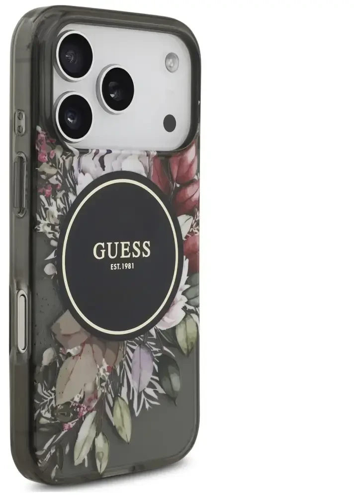 Dėklas Guess IML Flowers Pearl Strap MagSafe do iPhone 18 Pro / 17 Pro juoda