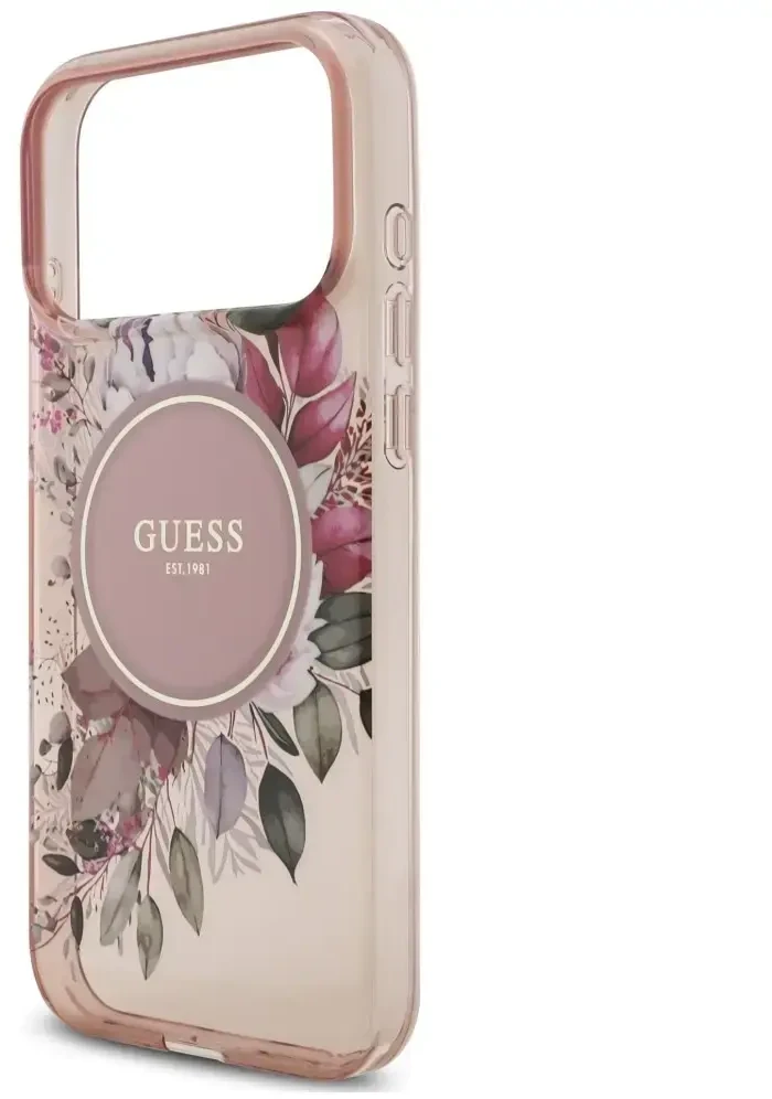 Dėklas Guess IML Flowers Pearl Strap MagSafe do iPhone 18 Pro / 17 Pro rožinė