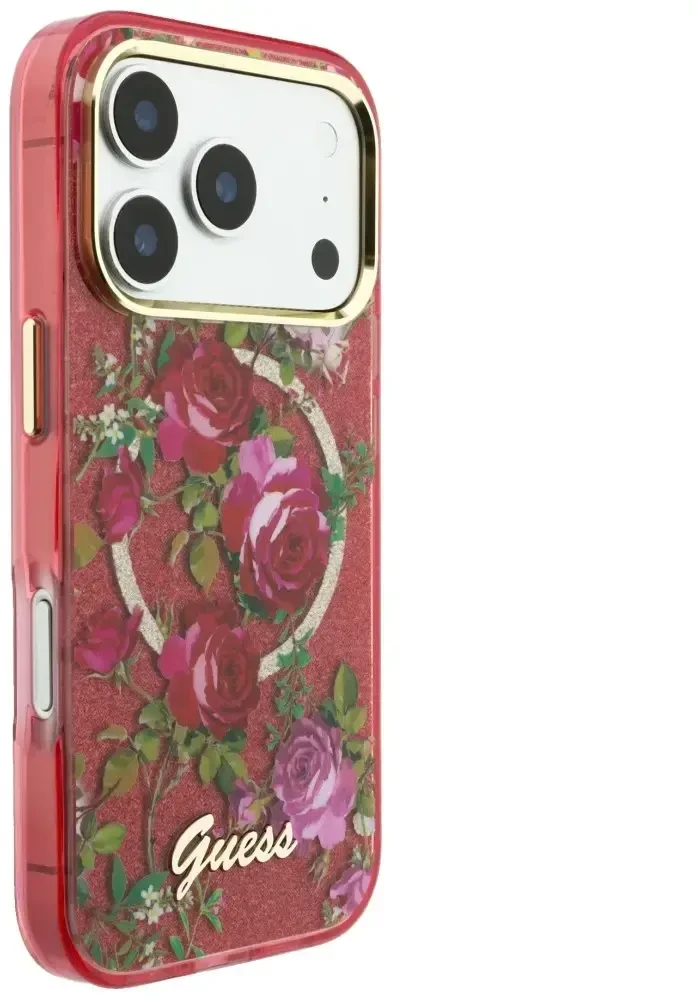 Dėklas Guess IML Glitter Blossom Roses do iPhone 18 Pro Max / 17 Pro Max bordo spalvos