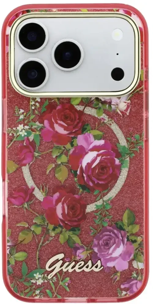 Dėklas Guess IML Glitter Blossom Roses do iPhone 18 Pro Max / 17 Pro Max bordo spalvos
