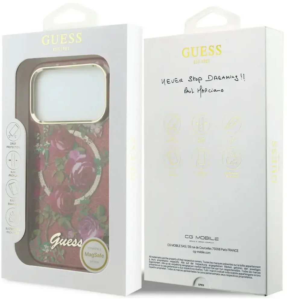 Dėklas Guess IML Glitter Blossom Roses do iPhone 18 Pro Max / 17 Pro Max bordo spalvos