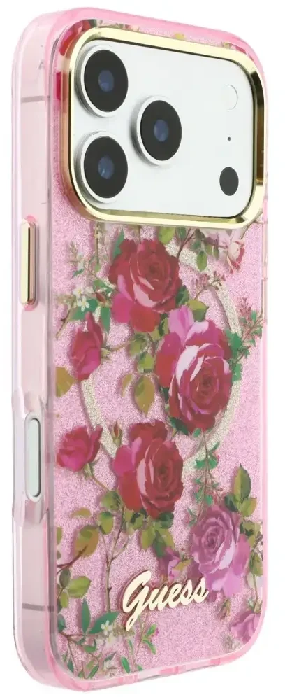 Dėklas Guess IML Glitter Blossom Roses do iPhone 18 Pro / 17 Pro rožinė