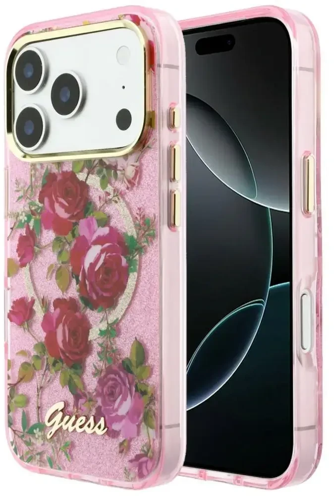 Dėklas Guess IML Glitter Blossom Roses do iPhone 18 Pro / 17 Pro rožinė