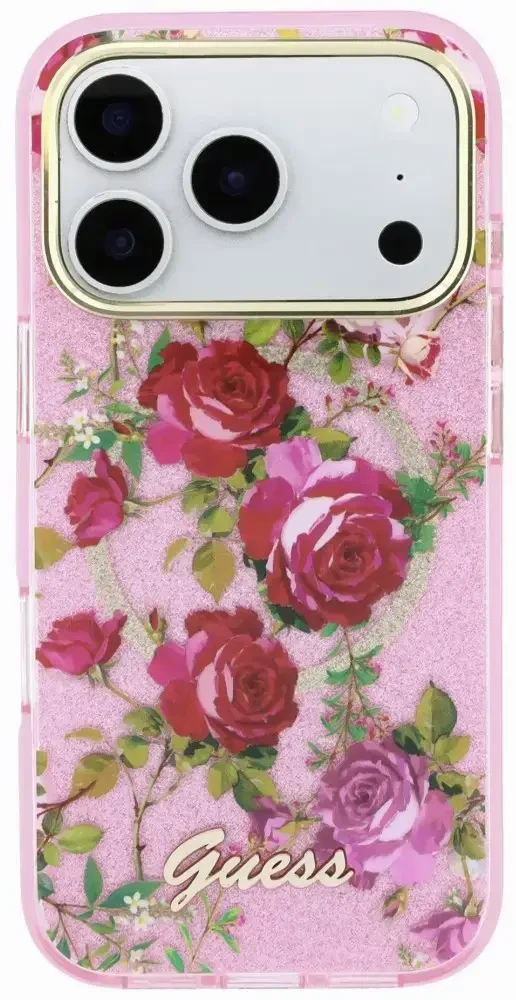 Dėklas Guess IML Glitter Blossom Roses do iPhone 18 Pro / 17 Pro rožinė