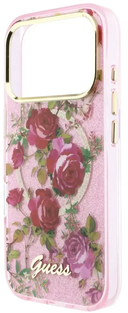 Dėklas Guess IML Glitter Blossom Roses do iPhone 18 Pro / 17 Pro rožinė