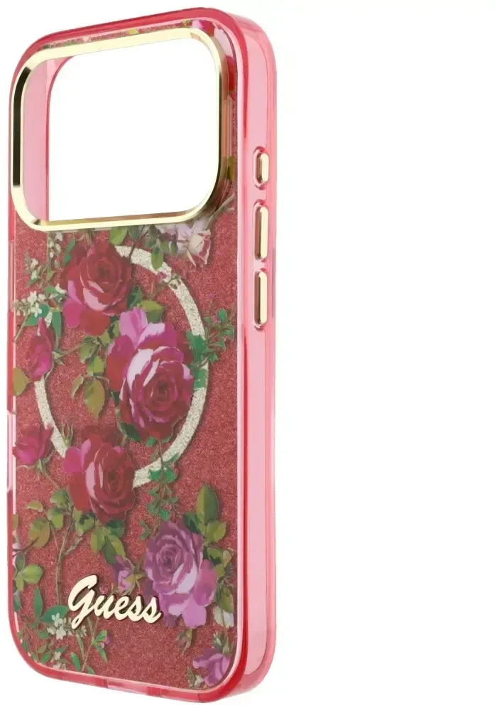 Dėklas Guess IML Glitter Blossom Roses do iPhone 18 Pro Max / 17 Pro Max bordo spalvos