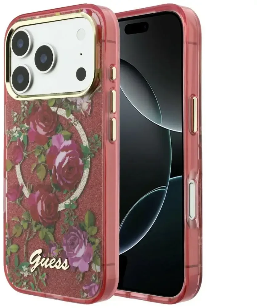 Dėklas Guess IML Glitter Blossom Roses do iPhone 18 Pro Max / 17 Pro Max bordo spalvos