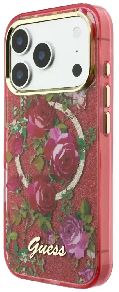 Dėklas Guess IML Glitter Blossom Roses do iPhone 18 Pro Max / 17 Pro Max bordo spalvos