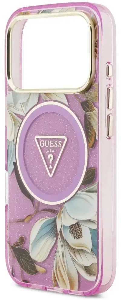 Dėklas Guess IML Glitter Flowers Triangle MagSafe do iPhone 18 Pro Max / 17 Pro Max violetinė