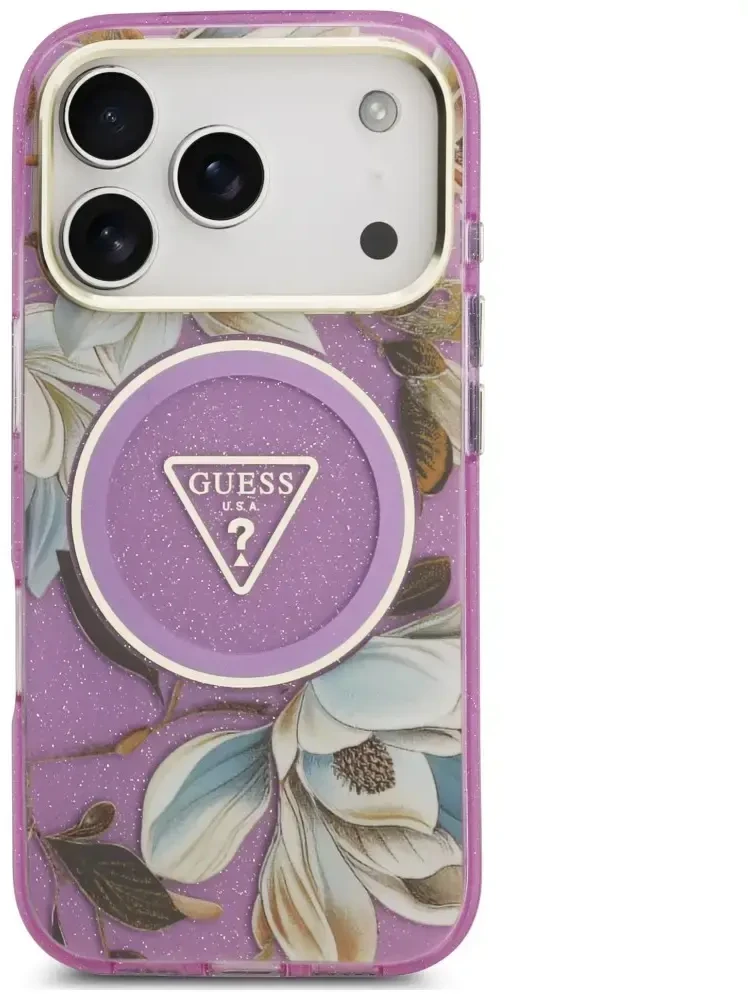 Dėklas Guess IML Glitter Flowers Triangle MagSafe do iPhone 18 Pro Max / 17 Pro Max violetinė