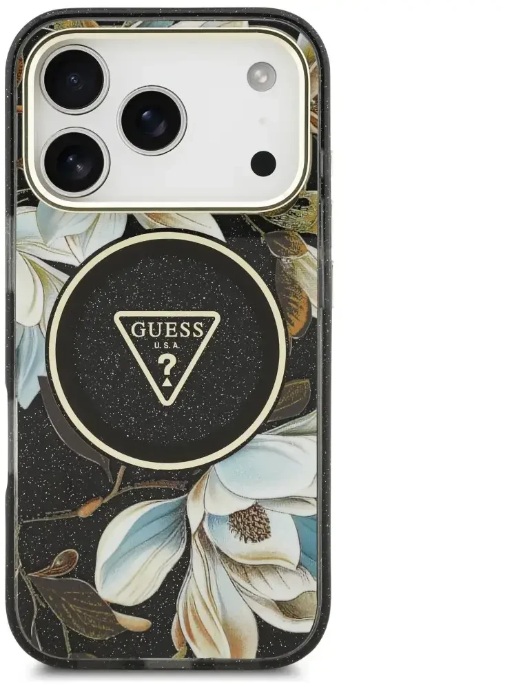 Dėklas Guess IML Glitter Flowers Triangle MagSafe do iPhone 18 Pro Max / 17 Pro Max juoda