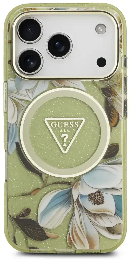 Dėklas Guess IML Glitter Flowers Triangle MagSafe do iPhone 18 Pro Max / 17 Pro Max žalia