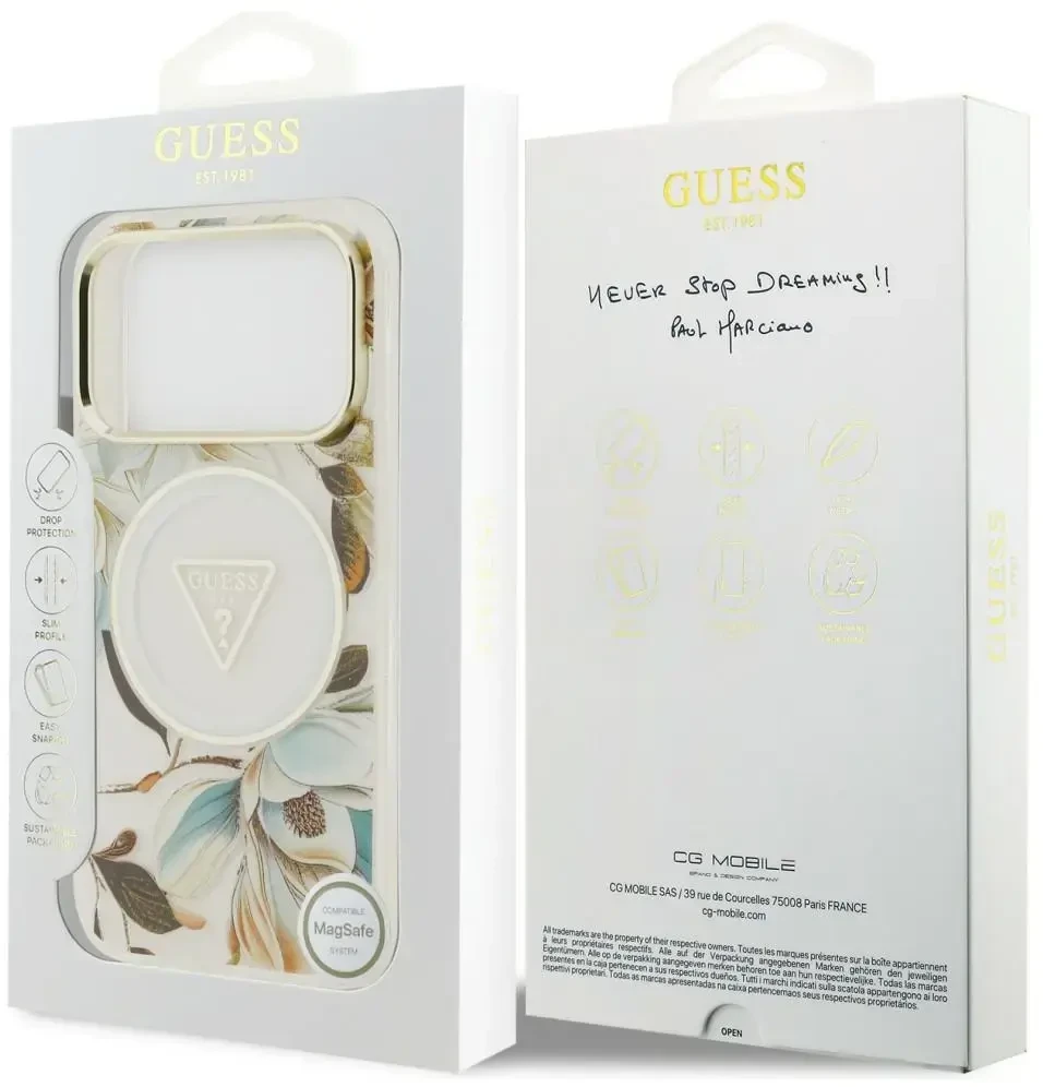 Dėklas Guess IML Glitter Flowers Triangle MagSafe do iPhone 18 Pro Max / 17 Pro Max balta