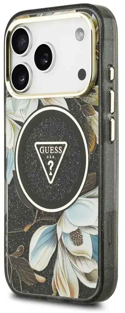 Dėklas Guess IML Glitter Flowers Triangle MagSafe do iPhone 18 Pro Max / 17 Pro Max juoda