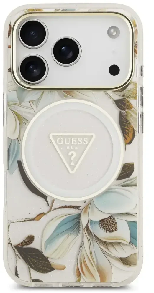 Dėklas Guess IML Glitter Flowers Triangle MagSafe do iPhone 18 Pro Max / 17 Pro Max balta