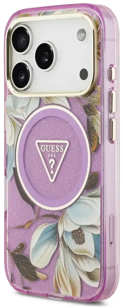 Dėklas Guess IML Glitter Flowers Triangle MagSafe do iPhone 18 Pro Max / 17 Pro Max violetinė