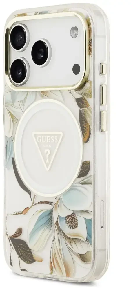 Dėklas Guess IML Glitter Flowers Triangle MagSafe do iPhone 18 Pro Max / 17 Pro Max balta