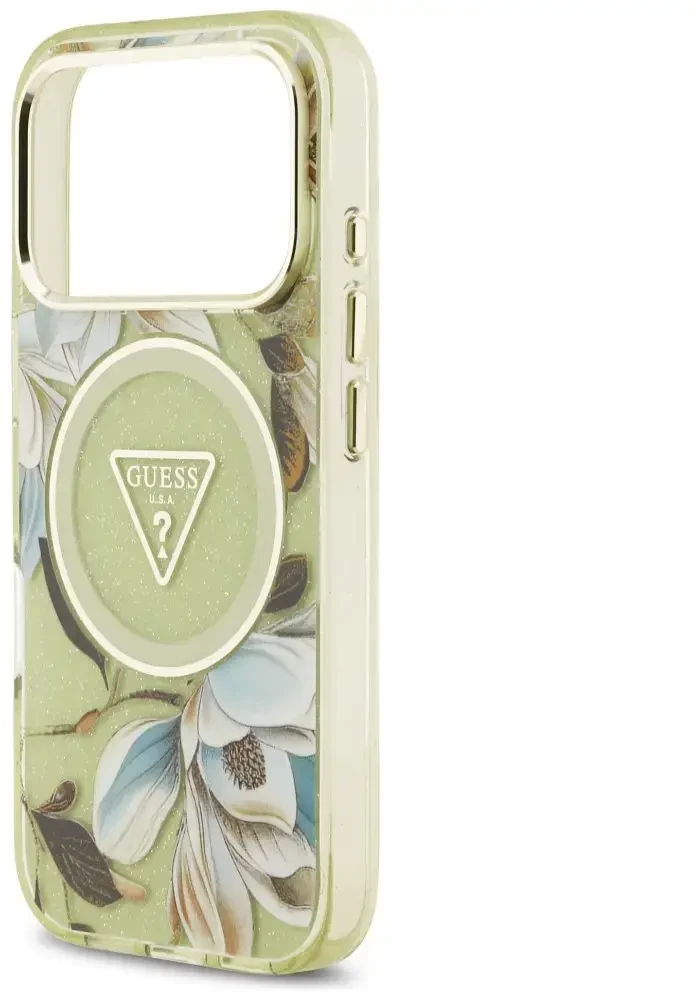 Dėklas Guess IML Glitter Flowers Triangle MagSafe do iPhone 18 Pro Max / 17 Pro Max žalia