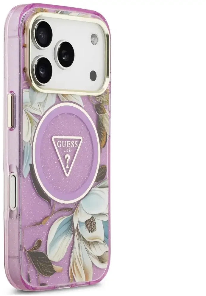 Dėklas Guess IML Glitter Flowers Triangle MagSafe do iPhone 18 Pro Max / 17 Pro Max violetinė