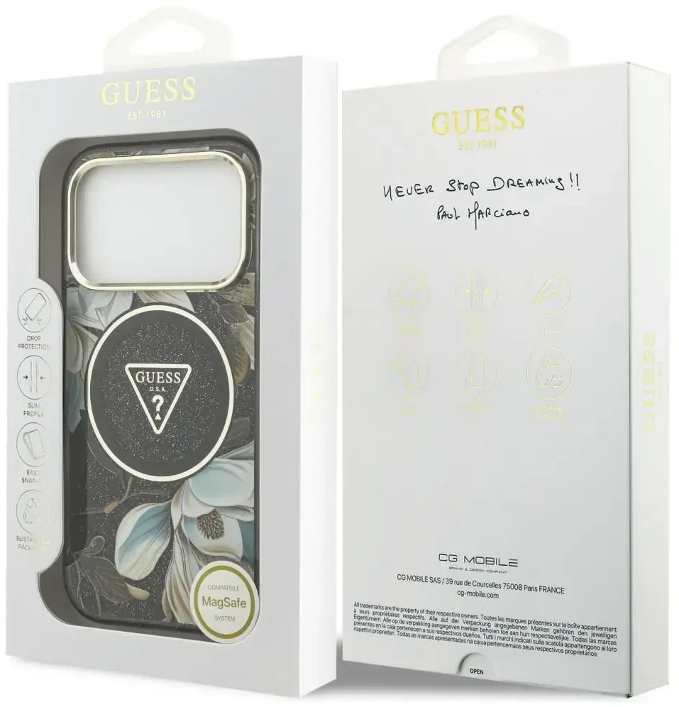 Dėklas Guess IML Glitter Flowers Triangle MagSafe do iPhone 18 Pro Max / 17 Pro Max juoda