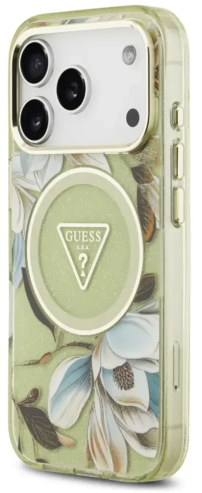 Dėklas Guess IML Glitter Flowers Triangle MagSafe do iPhone 18 Pro Max / 17 Pro Max žalia