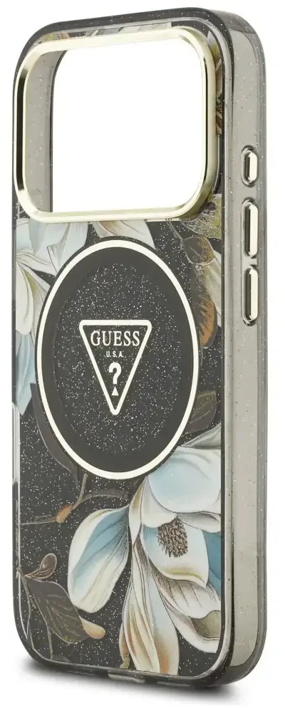 Dėklas Guess IML Glitter Flowers Triangle MagSafe do iPhone 18 Pro Max / 17 Pro Max juoda