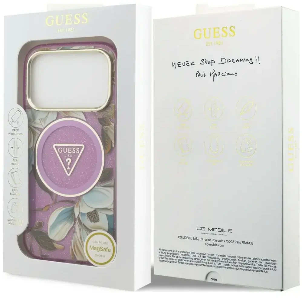 Dėklas Guess IML Glitter Flowers Triangle MagSafe do iPhone 18 Pro Max / 17 Pro Max violetinė