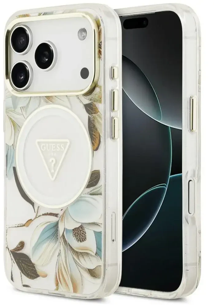 Dėklas Guess IML Glitter Flowers Triangle MagSafe do iPhone 18 Pro Max / 17 Pro Max balta