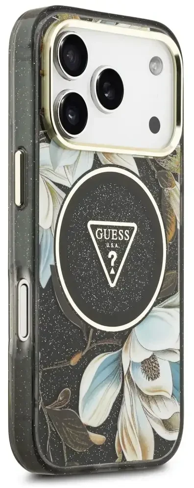 Dėklas Guess IML Glitter Flowers Triangle MagSafe do iPhone 18 Pro Max / 17 Pro Max juoda