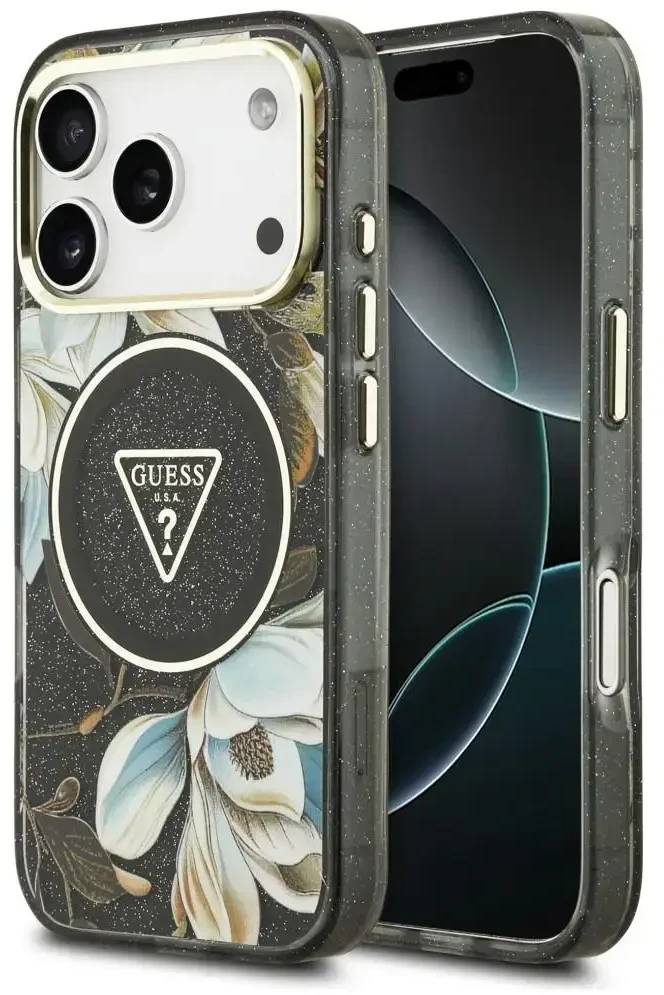 Dėklas Guess IML Glitter Flowers Triangle MagSafe do iPhone 18 Pro Max / 17 Pro Max juoda