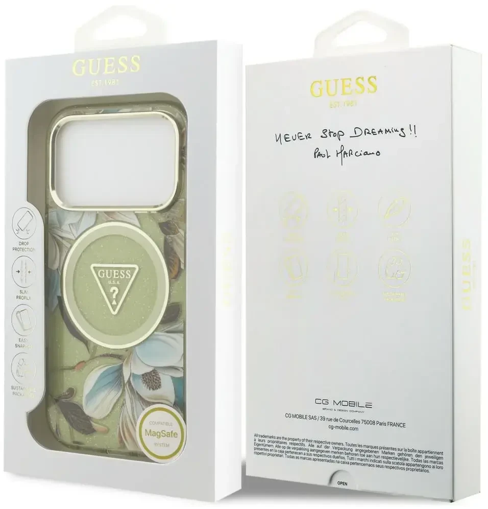 Dėklas Guess IML Glitter Flowers Triangle MagSafe do iPhone 18 Pro Max / 17 Pro Max žalia