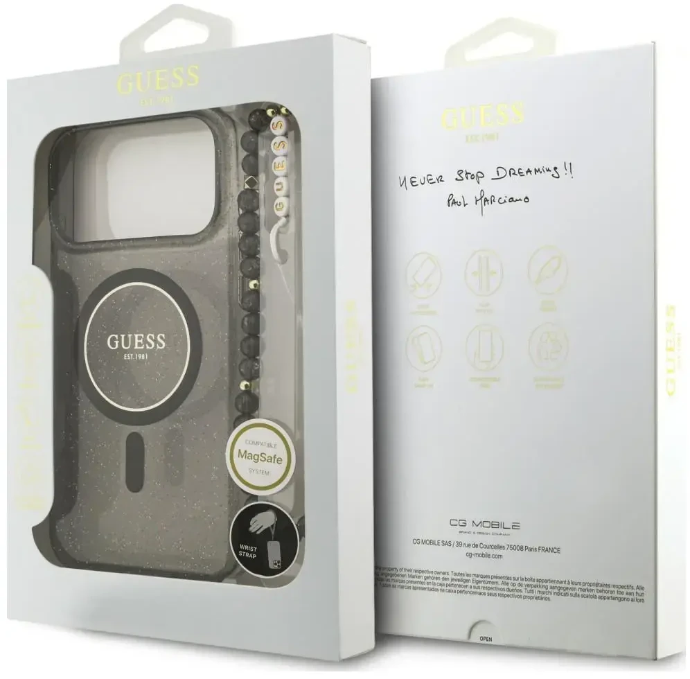 Dėklas Guess IML Glitter Pearl Strap MagSafe do iPhone 18 Pro / 17 Pro juoda