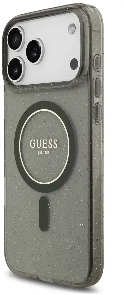 Dėklas Guess IML Glitter Pearl Strap MagSafe do iPhone 18 Pro / 17 Pro juoda