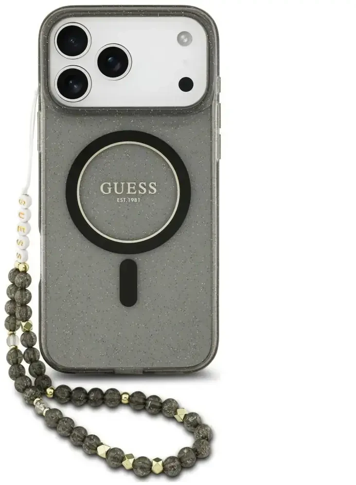 Dėklas Guess IML Glitter Pearl Strap MagSafe do iPhone 18 Pro / 17 Pro juoda