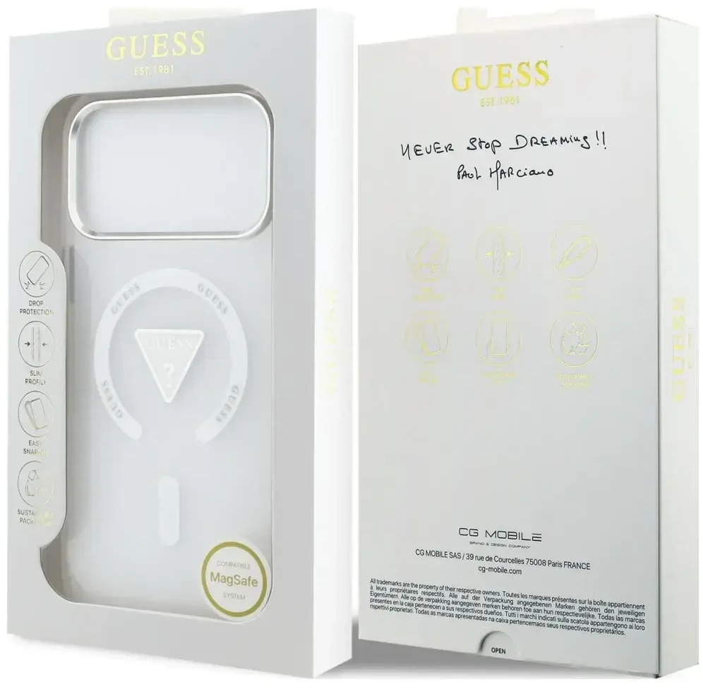 Dėklas Guess IML Gradient Triangle Logo MagSafe do iPhone 18 Pro Max / 17 Pro Max permatomas