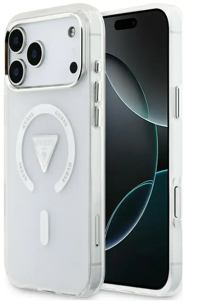 Dėklas Guess IML Gradient Triangle Logo MagSafe do iPhone 18 Pro Max / 17 Pro Max permatomas