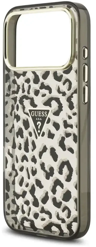 Dėklas Guess IML Leopard Glitter Triangle Logo MagSafe do iPhone 18 Pro Max / 17 Pro Max juoda