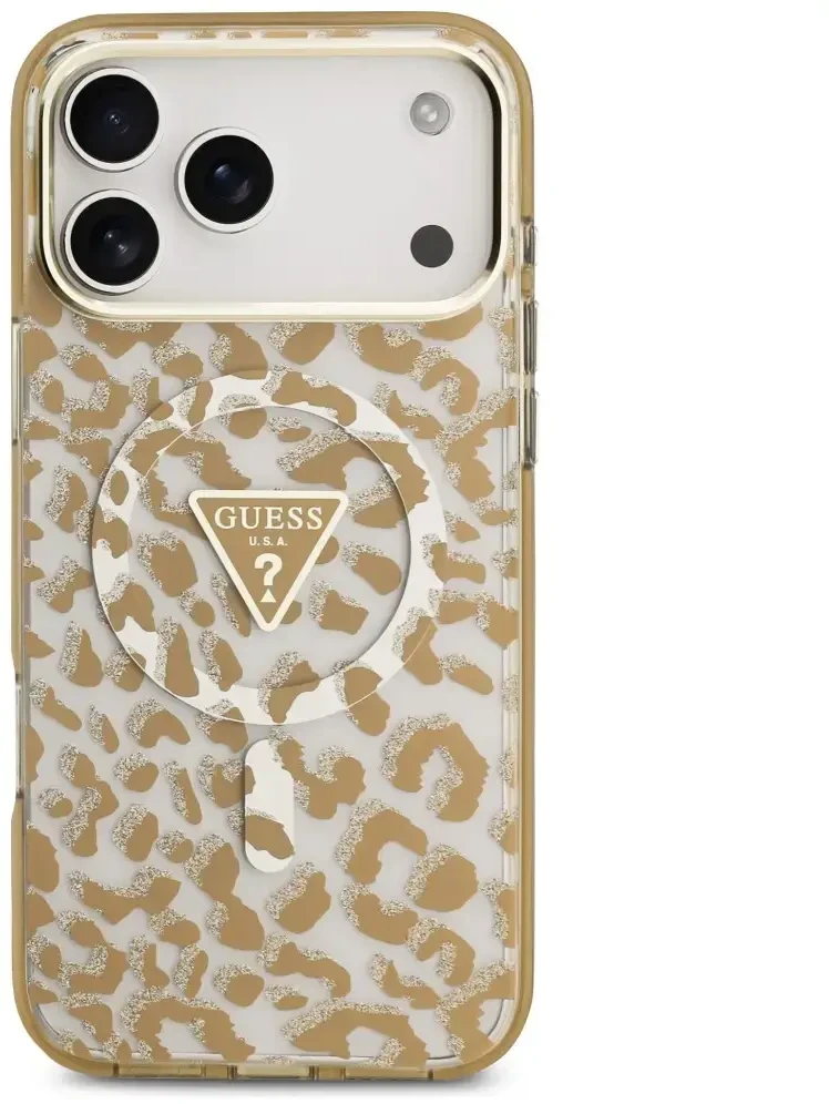 Dėklas Guess IML Leopard Glitter Triangle Logo MagSafe do iPhone 18 Pro / 17 Pro ruda