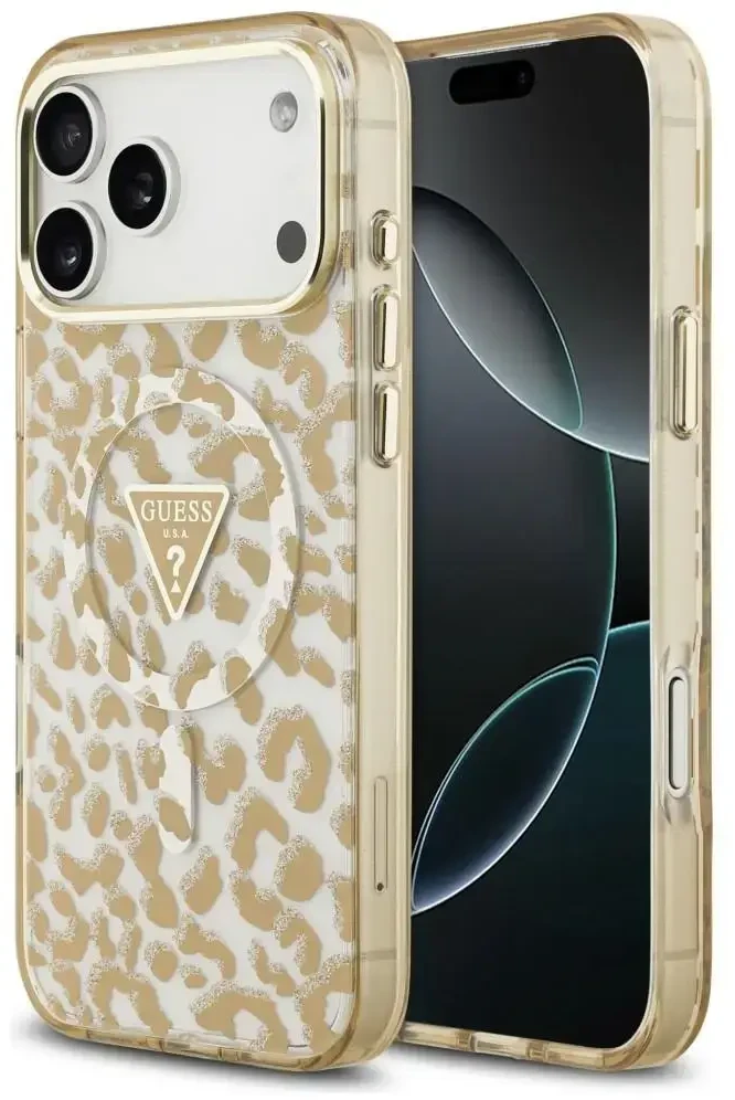 Dėklas Guess IML Leopard Glitter Triangle Logo MagSafe do iPhone 18 Pro Max / 17 Pro Max ruda