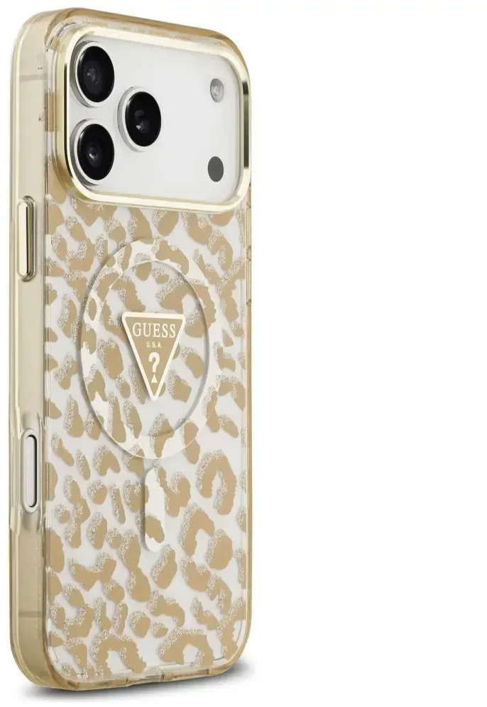 Dėklas Guess IML Leopard Glitter Triangle Logo MagSafe do iPhone 18 Pro / 17 Pro ruda
